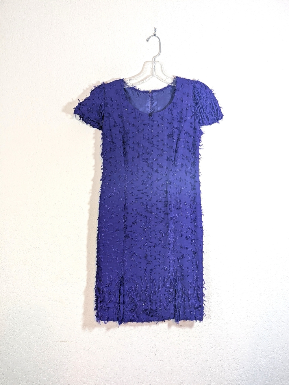 Ripetta Couture Purple Silk Sparkly Eyelash Fringe Sheath Dress